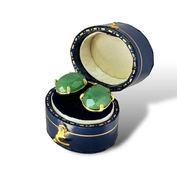 NEW Oval Stud Earrings Natural Green Aventurine 18K Gold Plated Classic 90s - Picture 6 of 11